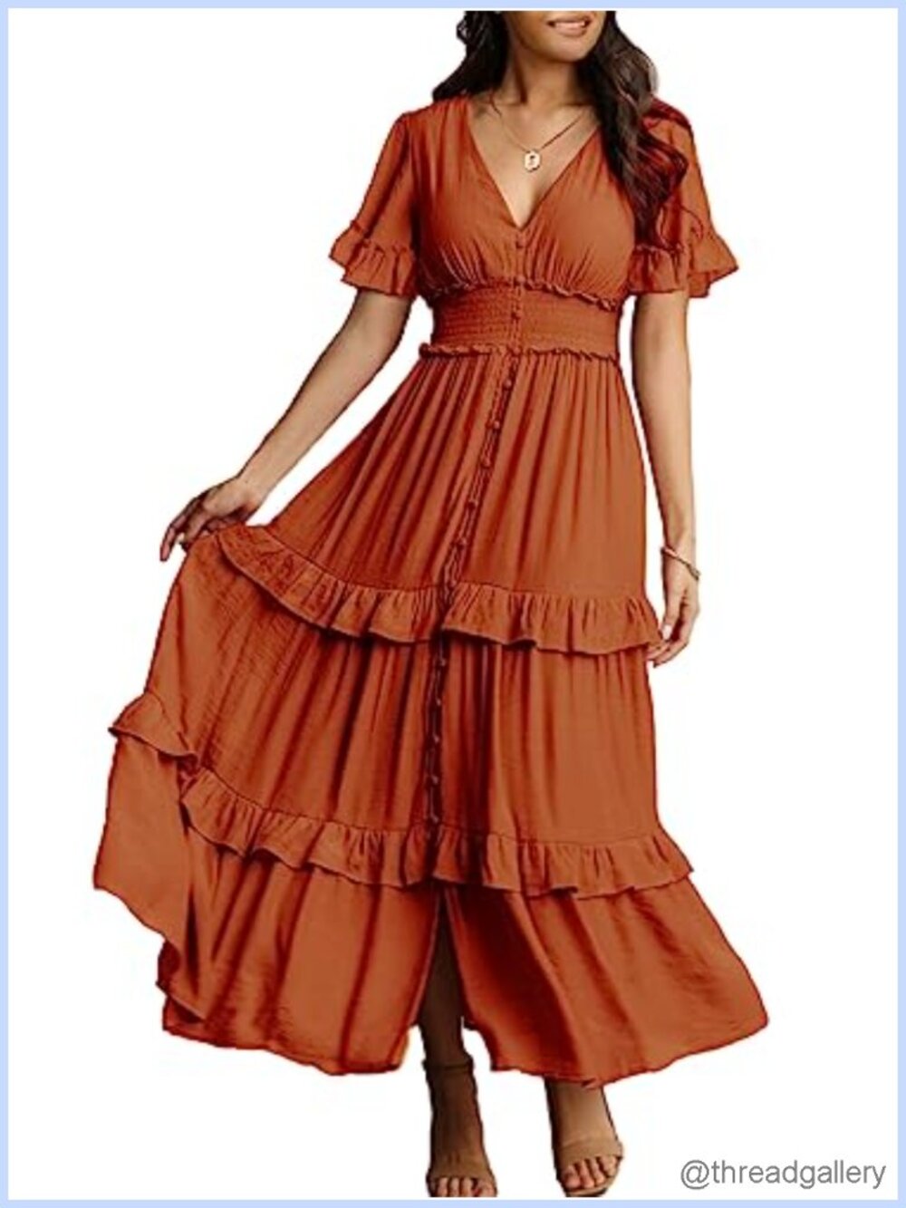 Women's V Neck Long Sleeve Boho Maxi Dress Flowy Tiered Ruffle Wedding Guest